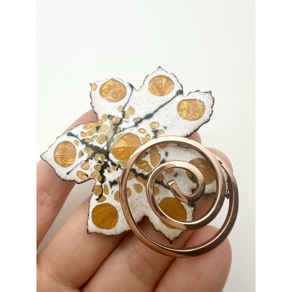 Vintage MATISSE Copper White Gold Enameled Leaf Brooch Pin Signed